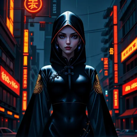 (Vickie_Zane) as a cyberpunk hermetic wizard wearing ornate hooded leather techrobes, neon light, casting a neon spell pose, night, rain, cyberpunk inspired background, (masterpiece:1.2), best quality <lora:LORA-XenoDetailer-v3:0.75> <lora:cyberhanfu_20230617014620:0.38> cyberhanfu, cheongsam, chinese_clothes, (Retro cyberpunk :1.3), Cyberpunk, vintage, nostalgic, retro-futuristic, detailed