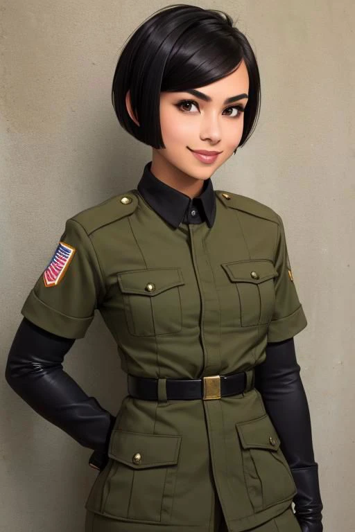 spiky bald hairstyle, short hair, mexican skin, gloves, uniform military, 1girl ,dark black hair, ((hair cut super short,)), soft Brown eyes, smile lips,