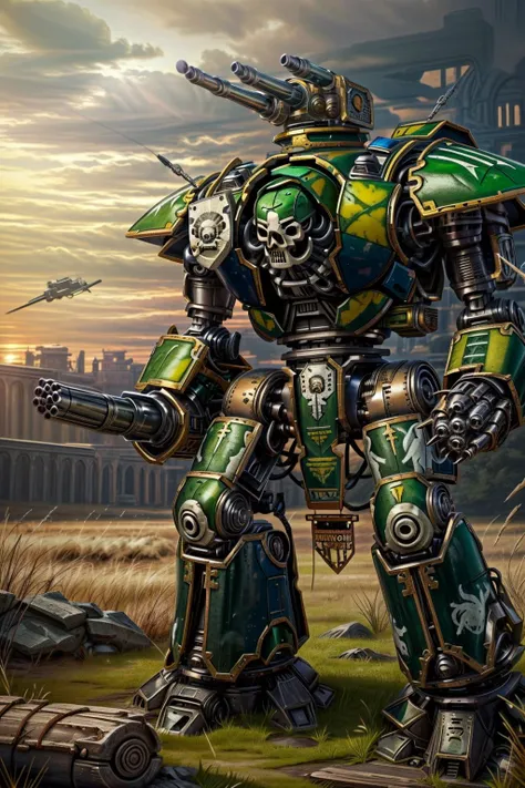 giant (green painted) robot with skull head,titan, <lora:Titans MK1 by CARAXES:0.7>,reaver,holding gun,gatling gun,shoulder cannon,full body,in ruined field, <lora:LORA-XenoDetailer-v3:1.5>