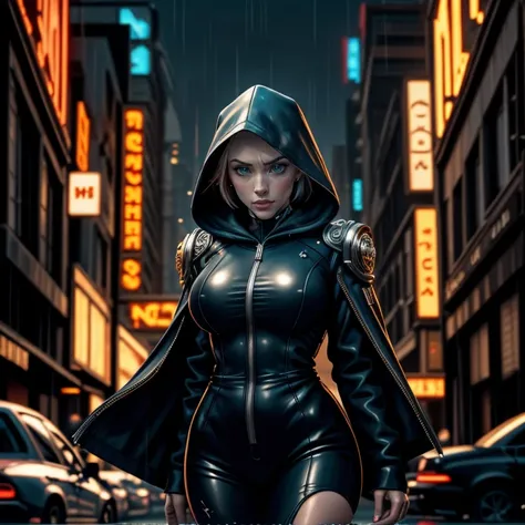 cinematic Poster featuring (profjen) as a cyberpunk hermetic wizard wearing ornate hooded leather techrobes, neon light, weaving a neon spell pose, night, rain, cyberpunk street in the background, (masterpiece:1.2), best quality <lora:LORA-XenoDetailer-v3:0.75> <lora:Clothing - Mechanical Armor:0.28> mech4rmor, glowing
