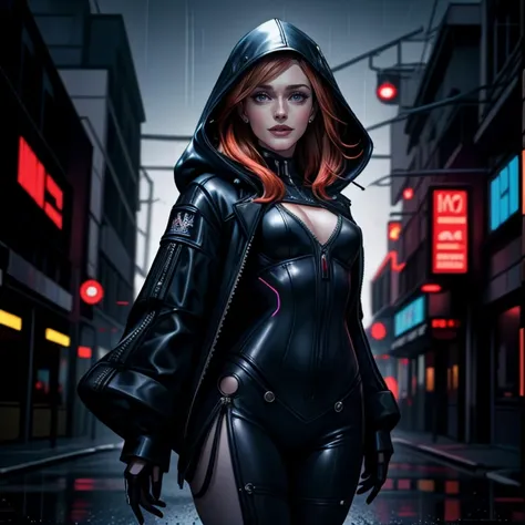 cinematic Poster featuring (Angela_Moongarden) as a cyberpunk hermetic wizard wearing ornate hooded leather techrobes, neon light, weaving a neon spell pose, night, rain, cyberpunk street in the background, (masterpiece:1.2), best quality <lora:LORA-XenoDetailer-v3:0.75> <lora:techwear:0.48> techwear