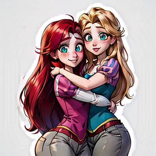 best quality, toony, good anatomy, high quality, grey scaled, two women hugging, Princess Rapunzel hugging Princess Ariel, curvy, voluptuous, big eyes, <lora:princess_V1:0.6>