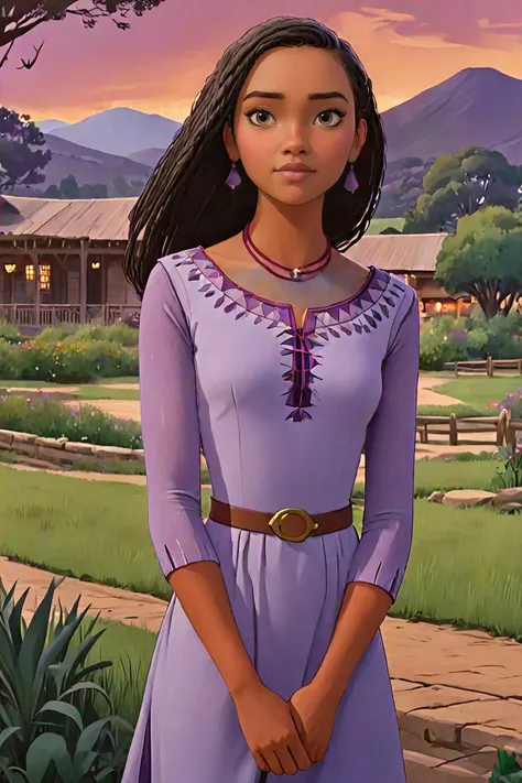 concept art asha wearing purple dress at tranquil ranch <lora:Asha_XL:0.8>. digital artwork by phil noto, illustrative, painterly, matte painting, highly detailed