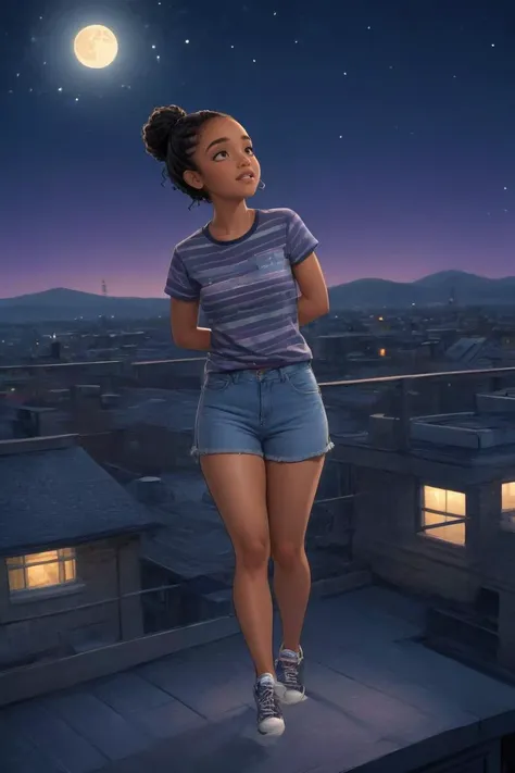 dan hipp style aisha dee wearing striped t-shirt, denim shorts, and canvas sneakers at a moonlit rooftop where characters have heartfelt conversations under a starry sky <lora:Asha_XL:0.8>. digital artwork, illustrative, painterly, matte painting, highly detailed<lora:LCMTurboMix_DPM_SDE_Karras:1>