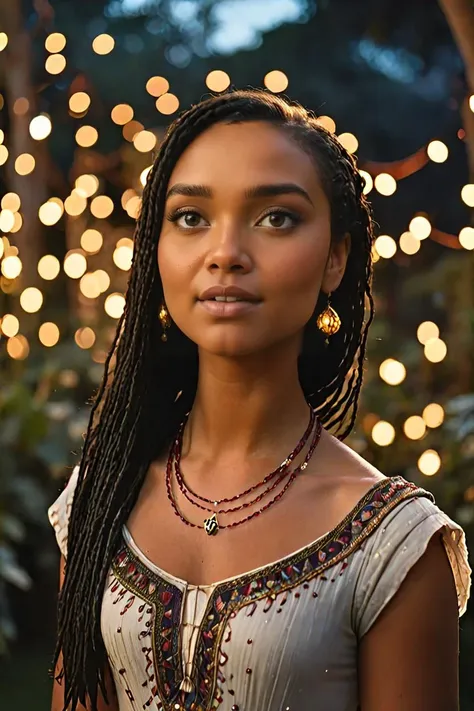 Enchanting Portrait of Asha in the Grand Gardens of the Magical Kingdom, Illuminated by the Soft Glow of Fairy Lights, Captured at Eye Level, Reflecting Her Regal Grace and Connection to Nature <lora:Asha_XL:0.8> . 35mm photograph, film, bokeh, professional, shot by brigitte lacombe, 4k, highly detailed