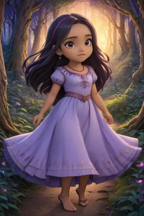 chibi style Candid Photo of Asha Wearing a Flowing Purple Dress, Strolling Through enchanted forest at Sunset, Lit by the Warm Glow of Evening Light <lora:Asha_XL:0.8> . artwork by thechamba, key visual, vibrant, studio anime, highly detailed<lora:LCMTurboMix_DPM_SDE_Karras:1>