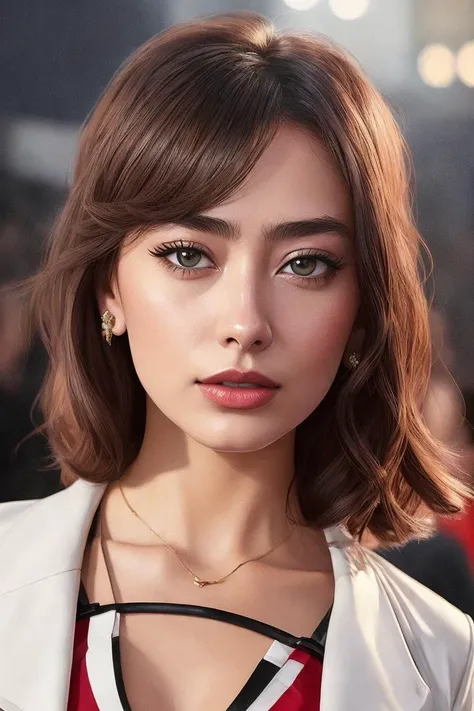 photo of (n3slih4n:0.99), a woman as a movie star, modelshoot style, (extremely detailed CG unity 8k wallpaper), photo of the most beautiful artwork in the world, professional majestic oil painting by Ed Blinkey, Atey Ghailan, Studio Ghibli, by Jeremy Mann, Greg Manchess, Antonio Moro, trending on ArtStation, trending on CGSociety, Intricate, High Detail, Sharp focus, dramatic, photorealistic painting art by midjourney and greg rutkowski, (long black leather jacket), (tight t-shirt with logo), ((comicon event)), (leather trousers), ((standing on the red carpet)), ((paparazzi in the background)), (looking at viewer), (detailed pupils:1.3), (modern outfit:1.2), (closeup), red lips, (eye shadow)