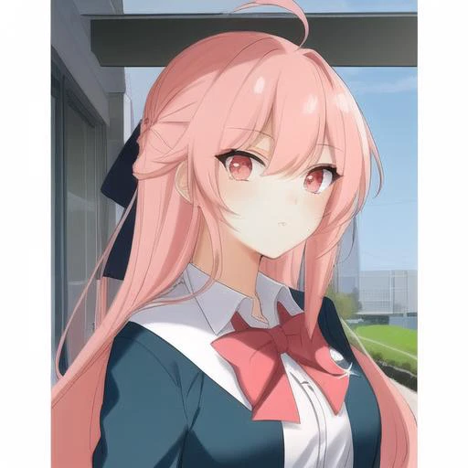 <lora:Remi:1> Remi is a teenage girl of above average height. She has pink hair, light red eyes and fair skin. She is typically seen wearing a Wellston uniform without the vest, and in her hair she wears a bow. She owns at least three bows of different colors (teal, pink, and red).
Her speech and thought bubbles are a peach colour, and her eyes glow the color amber when using her ability.