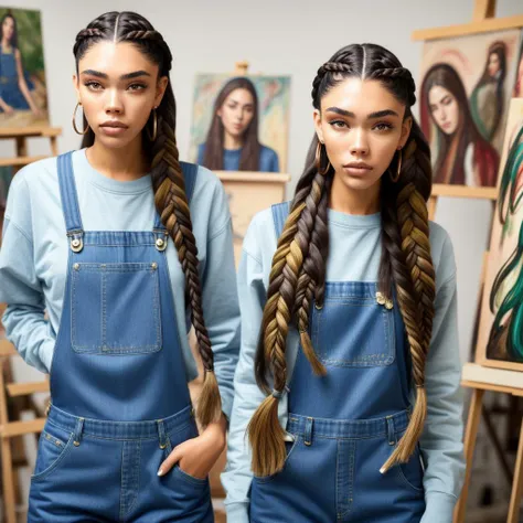 photo of madison beer woman, 1girl, full body, long braided hair, modeling, dynamic pose, artist in her atelier, detailed face,detaied skin,beautiful detailed eyes, detailed lip, workshop, paint, natural skin texture, (dynamic pose:0.3), petite, artist, detailed background, (busy background:1.2), colorful, messy,blue overalls,depth of field  <lora:madison beer-000006:0.7>