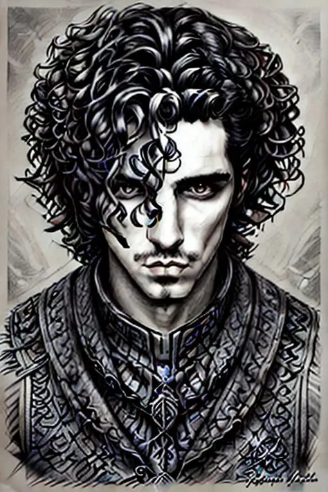 black and white, curly hair, assassin's creed male fighter, face tattoo, mean eyes, symmetrical, detailed armor, tiny details, pencil shade, close up, full frame