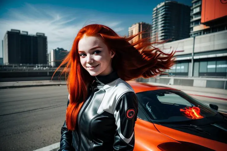 A Photograph capturing the essence of a young woman with fiery red hair. sadistic smile, an intriguing look, wind, flying hair,she straightens her hair with her hand, She's spinning on the spot, Her face fills the frame, bathed in neon hues, exuding determination and mystery amidst a futuristic backdrop., anime style, manga style