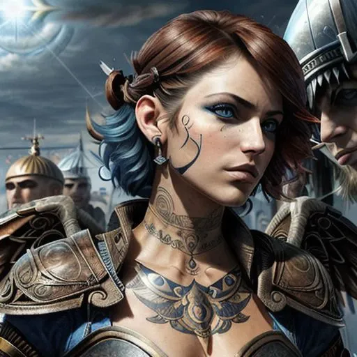 blue eyes, symmetric face, perfect jawline,beautiful lady, wings , warrior,curly, pixie haircut ,shaved,face tattoo, ornaments, jewellery, sexy, sunrise3d, adorable,astrophotography, centered, symmetry, painted, intricate, volumetric lighting, beautiful, rich deep colors masterpiece, sharp focus, ultra detailed, apocalypse background ,blue iris, perfect face, scary, boots,  assassin's creed style, complete picture, dangerous, mean look, war background, battle, wet, raining atmosphere