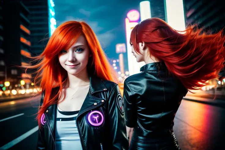 A Photograph capturing the essence of a young woman with fiery red hair. sadistic smile, an intriguing look, wind, flying hair,she straightens her hair with her hand, She's spinning on the spot, Her face fills the frame, bathed in neon hues, exuding determination and mystery amidst a futuristic backdrop., (anime style), (manga style)