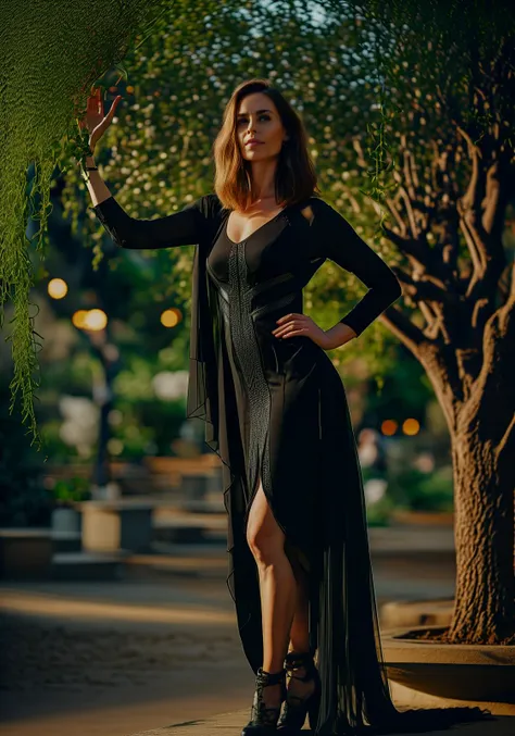 (high budget Hollywood film:1.2),(cinematic film still portrait of )  (caldari:1.4), solo, long hair, photo background, dress, brown hair, outdoors, brown eyes, looking at viewer, smile, standing, full body, realistic, black footwear, pantyhose, black dress, standing on one leg, short dress, leg up, pencil dress, tree, photo inset, day, shoes, long sleeves . 35mm photograph, film, bokeh, professional, 4k, highly detailed