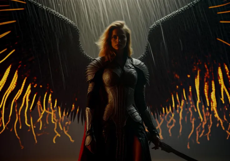 (high budget Hollywood film:1.2),(cinematic film still portrait of )
full body portrait of two  caldari mercenary white armour with large red, orange and yellow feather angel wings, athletic build, glowing light from behind, floating in heavy rain, (((sexy pose))), lightning flash, Stormy night, all white leather and lace pants, all white leather and lace corset, long jacket with hood, white thigh high boots, large boobs, perfect round black iris, surreal biomechanical, dreamlike atmosphere, ferrofluid, ultra detail, perfect composition, alcohol ink, rich colors, beautiful colors, symmetrical, beautiful lighting, reflections, filigree, masterpiece, amazing, beautiful, gothic, nightmarish, grotesque, fantasy gothic, fragmented partscubes, embroidery designe, calligraphy inks, surrealist atmosphere, digital structures creates, tribal culture, complex and inspirational designs, high detail, detailed cosmic background,
, raw, 8k UHD, dslr,,visible skin hair, (one very very small skin blemishes:0.7), (natural skin imperfections:0.7),(very small skin pores:0.7)