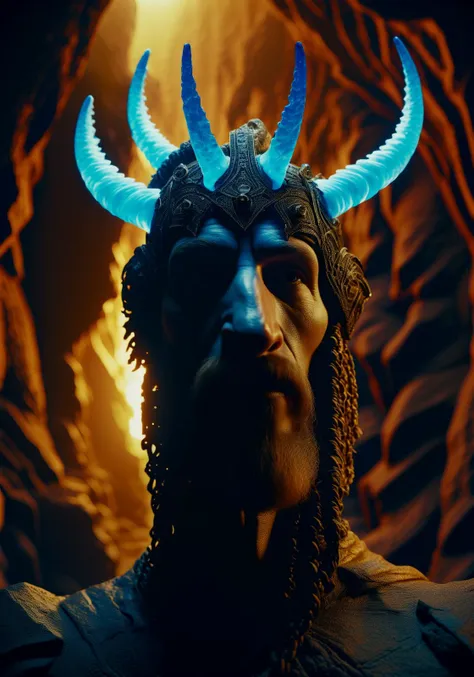 "a award winning heroic shot of a mountain king in a stunning detailed showcave, epic mountainking meditate about life, long curly beard, glowing blue eyes, cave is like a big dome, fantastic stalagmites and stalactites, (cinematic lighting:1.1), moody lights, heroic pose, in the style of photorealistic fantasy, still from a oscar winning fantasy movie, 50mm zeiss supreme prime lens, clear and sharp focus, shallow dof, fantasycore, stonecore, beautifully color graded, dynamic composition, sparkle, (diamonds:1.1), (lens flare:1.05)