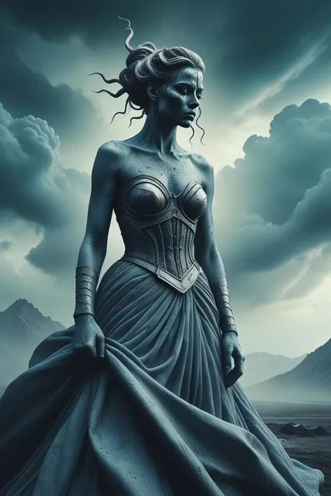 a her face is covered with mud and skirt in a undulating nebulous clouds in the style of commercial illustration, blue and grey tones, <lora:sdxl_lightning_8step_lora.safetensors:1.0>, <lora:add detail xl.safetensors:1.5>