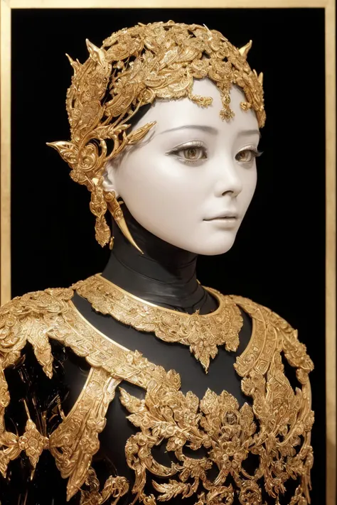 stunning photo of the most beautiful young woman in the universe,female robot pilot, mechanical creature, electronic wires relays computer nerves, girl face, dystopian surrealism, alex ries zdzisaw beksinski giger, very intricate details, demon chinese female, deep luminous eyes contain galaxies,deep aesthetic, concept art, carved silver circuits diodes resistors semiconductors, highly ornate,les automatistes, raw photo of detailed skin, clear face,high quality, linekanok style armor,gold,linevichit clothes<lora:linevichit3-000006:0.6>, (head and torso:1.2),high resolution,((black background:1.3), isolate:1.2),linekanok background