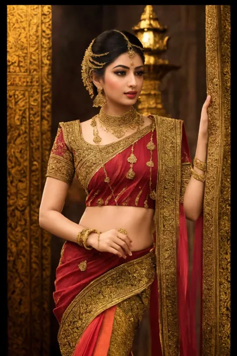 best quality,(Masterpiece:1.4), (Realistic:1.4), (Very Complex:1.2), Ultra-Realistic, (High Resolution), 8k UHD, (Exquisitely detailed), (dramatic_light), (beautiful_detailed_light), (ultra_color), (perfect anatomy),ultra-detailed, 
1girl wear Sareee,Indian, Saree, saree color red, warm light, perfect anatomy,
 <lora:linevichit-000006:1.0>, linekanok style,linevichit design, <lora:KandyanDress_V3:0.5>