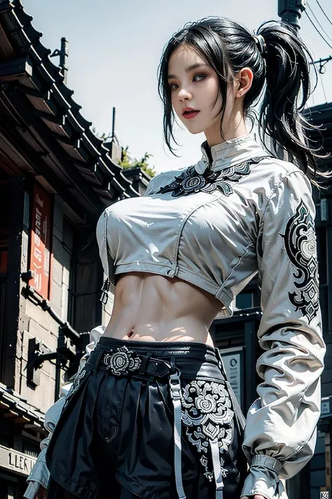 (photorealistic:1.4), (extremely intricate:1.2), exquisitely detailed skin, superrealistic, extremely intricate, ultra high res, 8k, uhd, intricate detail,
real, masterpiece, best quality, good anatomy, photography, depth of field, natural lighting,
(shot from below:1.4), (cinematic look:0.95), full body,
1girl, solo, young woman, age 18, 18 yo, pony tail hair, tied haire, standing, legs spread, hip,
pale skin, looking at viewer, ((no makeup)),
soft light, reflect light, ambient light, soft shade, soft shadow, ((big breast)), ((abs)), thighs,
dynamic perspective, tech buildings, futuristic urban background, night street,
urban techwear, stylish urban techwear, stylish bra, stylish shorts, (linevichit clothes pattern: 1.85), (intricate pattern detail:1.35), the focus is on linekanok pattern,
<lora:urbantechwear:0.75> <lora:linevichit3-000006:0.85> linekanok style, (linevichit designs:1.75)