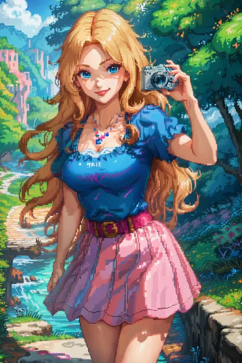 pixel-art, anime artwork, <lora:haley:0.7> haley, blonde, long hair, blue eyes, blue shirt, pink skirt, (holding camera), (river), forest, <lora:pixel_art:5> pixel art, anime style, key visual, vibrant, studio anime, low-res, blocky, pixel art style, 8-bit graphics, light smile, lipstick, necklace