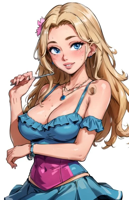 best quality, (masterpiece),(ultra-detailed), (high quality), (high resolution), <lora:haley-10:0.7>,1girl, bare shoulders, blonde hair, blue eyes, blue sky, blush, bracelet, breasts, day, earrings, flower, frilled skirt, haley, holding, jewelry, lips, long hair, looking at viewer, miniskirt, necklace, ocean, outdoors, piercing, pink skirt, rblue shirt, simple background, smile, solo, sweat, teeth, white background