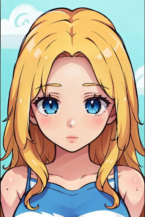 (alta calidad), Anime style,(Plano completo) de un (hembra) con (Ojos azul claro y detallados), deportivo (cabello rubio). Ella tiene pechos muy grandes. Ella mira (molesto) mientras se usa (bikini rojo) en un (Disparo en la parte superior del cuerpo), simple colouring, fondo de color simple, cerrar, Vista del cuerpo del lado derecho, Pale skin, ojos detallados