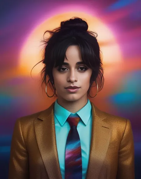 CamilaCabello, (art by Felicia Simion:0.9) , portrait, Golden ratio,close up of a Distorted Irresistible Peruvian (humanoid:1.1) , wearing Alpaca wool, Cottagecore hairstyle, Vibrant Tie, Event horizon background, Stormy weather, FOV 90 degrees, Overdetailed art, Clockpunk, short lighting, <lora:CamilaCabelloSDXL:1>