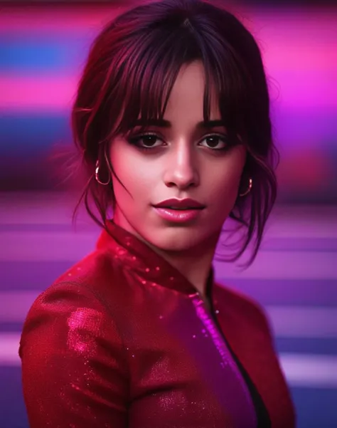 CamilaCabello, portrait, stylized,close up of a Glamorous slim humanoid, Acting, dark red One-Eyed, at Tennis court, Bokeh, Red and DayGlo purple splash, <lora:CamilaCabelloSDXL:1>