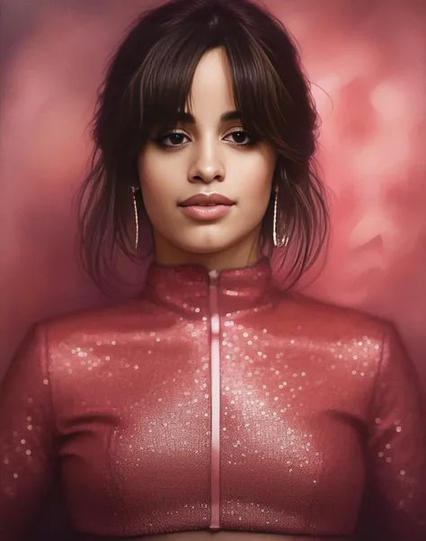CamilaCabello, (art by Tami Bone:1.0) , (art by De Es Schwertberger:1.1) , [portrait,close up of a 1970'S curvy humanoid, wearing Absorbing Venezuelan deep pink Lace top and high-waisted pants, Cel shaded, Amaro, lots of details, 64K::6],  <lora:CamilaCabelloSDXL:1>