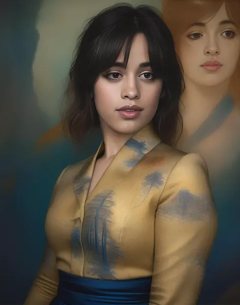 CamilaCabello, portrait,close up of a Painterly curvy humanoid, wearing Belle Époque Capris, background is [Austin|Giant sequoia tree], Dark, Zoom lens, art by Uemura Shoen,  <lora:CamilaCabelloSDXL:1>