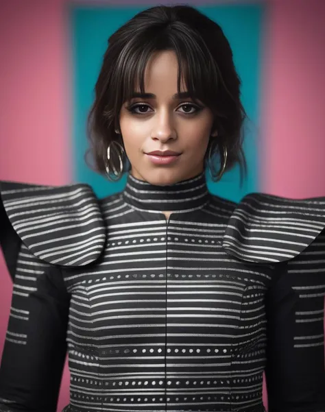 CamilaCabello, portrait,close up of a Dreadful muscular (humanoid:1.1) , Directing a TV show, wearing South Sudanese thobe in Geometric trimmings, Flirty hair, long straight hairstyle, Shameless, Slimepunk, Motion blur, 35mm, Kodak portra, silhouette, Pixabay, <lora:CamilaCabelloSDXL:1>