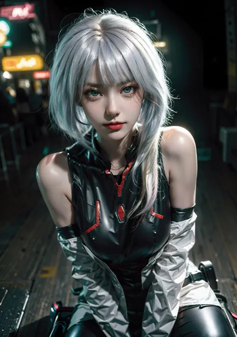 3D high quality rendering,best quality, ultra high res, (8k, RAW photo), masterpiece, (realistic, photo-realistic:1.38),(lucy_cyberpunk), cowboy shot, 1 sweet girl,white short hair,(white hair:1.1),(gigantic breasts:1.2),bangs, ((red eyeliner:1.1)), ((makeup)),red lips, smile, white off-shouler jacket, black bodysuit,Wrapped in tights,clothes tight, bare shoulders, white shorts, hip vent, black thighhighs,sitting,(looking at viewer),Close-up photo,half body,hide Hand,,fantasy, high contrast,cityscape,neon lights, neon trim, ((cyberpunk)),<lora:Lucy_Cyberpunk:0.75>,  <lora:hairdetailer:0.7>, <lora:detailed_eye:0.5>,f