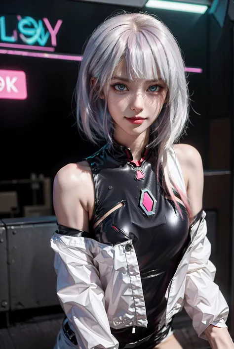 3D high quality rendering,best quality, ultra high res, (8k, RAW photo, photorealistic:1.4), masterpiece, (realistic, photo-realistic:1.37),lucy_cyberpunk, cowboy shot, 1 sweet girl,white short hair,(gigantic breasts:1.1), bangs, ((red eyeliner:1.1)), ((makeup)),red lips, white off-shouler jacket, black bodysuit, bare shoulders, white shorts, hip vent, black thighhighs,standing, looking at viewer,tooth,smile,upper body,fantasy, high contrast, ((cyberpunk)),cityscape,neon lights, neon trim, <lora:Lucy_Cyberpunk:0.7>, <lora:hairdetailer:0.8>, <lora:detailed_eye:0.7>