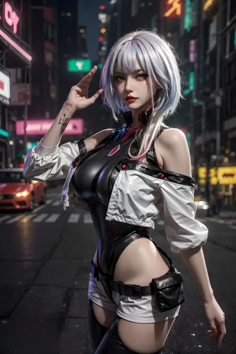 <lora:Lucy_Cyberpunk:0.7>, lucy_cyberpunk, cowboy shot, 1 sweet girl,white short hair, bangs,(gigantic breasts:1.5) ((red eyeliner)), ((makeup)),red lips, white off-shouler jacket, black bodysuit, bare shoulders, white shorts, hip vent, (dynamic pose), looking at viewer, upper body,fantasy, high contrast,cityscape, neon lights, neon trim, ((cyberpunk)), <lora:add_detail:1>