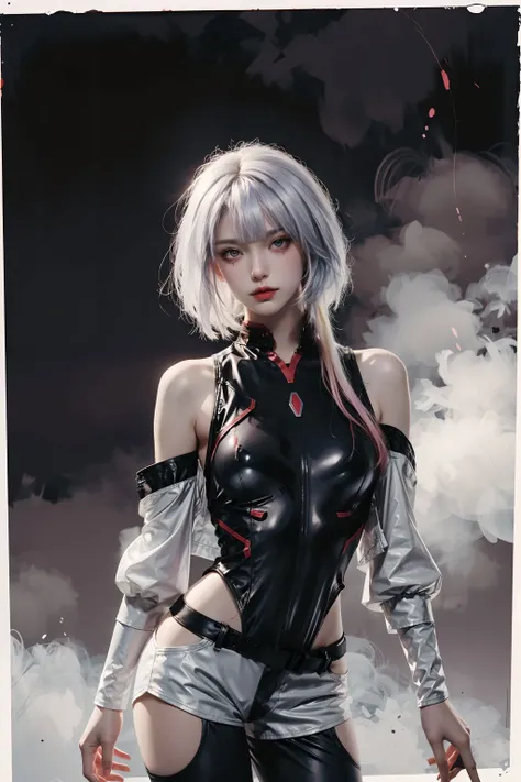 <lora:Lucy_Cyberpunk:0.7>, lucy_cyberpunk, 1 sweet girl,white short hair, bangs, red eyeliner, white off-shouler jacket, black bodysuit, bare shoulders, white shorts,  hip vent, black thighhighs,standing, looking at viewer, upper body,fantasy, high contrast, ink strokes, explosions, over exposure, purple and red tone impression , abstract, ((watercolor painting by John Berkey and Jeremy Mann )) brush strokes, negative space,   <lora:add_detail:1>