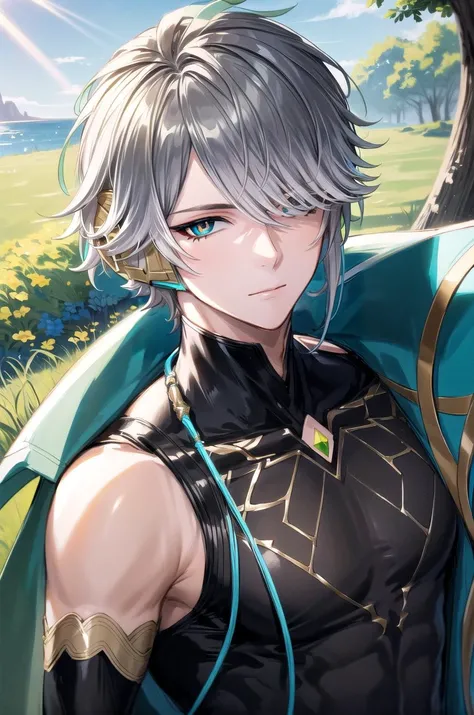 (masterpiece, best quality, detailed), 1boy, solo, male focus, closed mouth, upper body, looking at viewer,
outdoors, grass, sunlight, day, blue sky, hair over one eye, one eye covered,
alhaitham, headphones, black shirt, sleeveless shirt, green cape, gem <lora:AlhaithamV1_9_4_7:1> <lora:more_details:0.4>