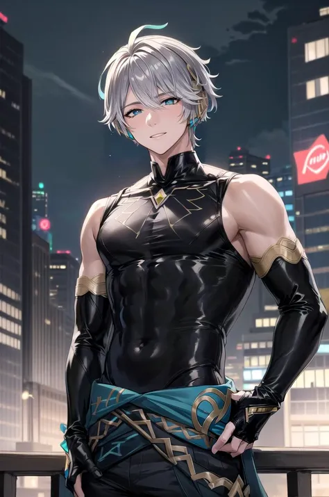 (masterpiece, best quality, detailed), 1boy, solo, male focus, smile, parted lips, hands on hips,
outdoors, cyberpunk, city, night, city lights, neon lights,
alhaitham, elbow gloves, partially fingerless gloves, black pants, headphones, black shirt, sleeveless shirt, gem, gold trim  <lora:AlhaithamV1_9_4_7:1>  <lora:more_details:0.4>