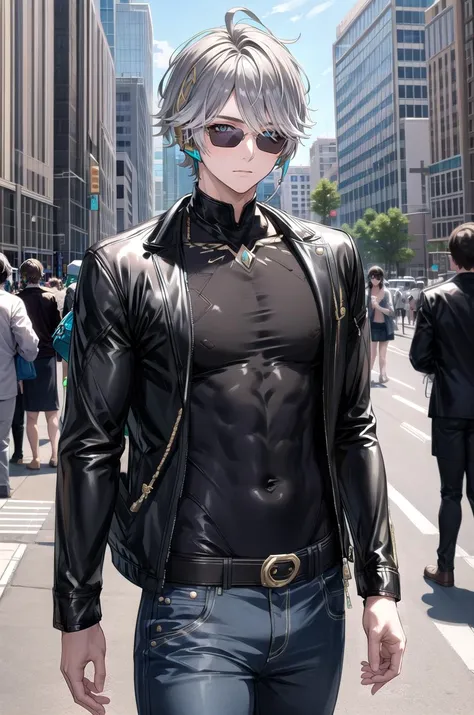 (masterpiece, best quality, detailed), 1boy, solo, male focus, closed mouth, cowboy shot, street, crowd,
suit, format, white shirt, black jacket, sunglasses,
alhaitham, headphones <lora:AlhaithamV1_9_4_7:1> <lora:more_details:0.4>