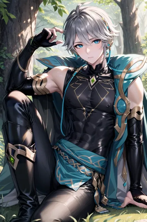 (masterpiece, best quality, detailed), 1boy, solo, male focus, closed mouth, sitting,
outdoors, forest, nature, grass, tree, sunlight, light rays, flower, leaf, toned male, knee up,
alhaitham, elbow gloves, partially fingerless gloves, black pants, headphones, black shirt, sleeveless shirt, gem, green cape, detached collar, gold trim, knee boots <lora:AlhaithamV1_9_4_7:1> <lora:more_details:0.4>