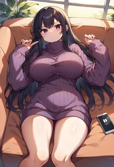 score_9, score_8_up, score_7_up, 1girl, solo, source_anime, <lora:seriakr-ponyxl-beta2-08:1.0>, seriakr, purple eyes, long hair, (black hair:0.8), sweater, (oversized clothes), turtleneck, ribbed sweater, sleeves past wrists, lying, on couch, on back, :<, v-shaped eyebrows, bored, casual, <lora:AnimeStyle_for_PonyXLV6:0.4>, from above, smartphone, large breasts, thick thighs, bottomless, looking at viewer,