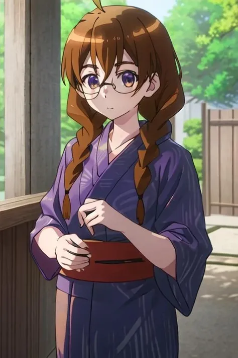 best quality, masterpiece, highres, solo, {yukata:1.40}, {kimono:1.20}, {sekine_4ninwasorezoreusootsuku:1.15}, brown_hair, glasses, braid, twin_braids, long_hair, ahoge, purple_eyes, serafuku, brown_eyes