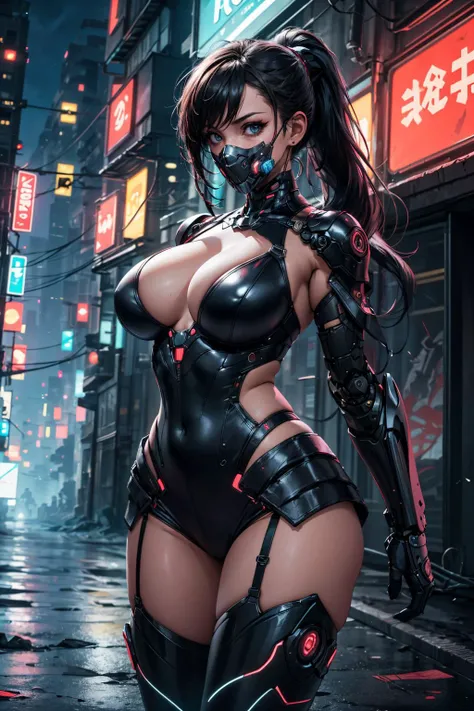 Very cute human 18 year old girl face in cyberpunk city, human torso, human huge breasts, human abdomen, human buttocks, robot arm, white sweet, two tone, mechanical legs, The arms and legs have hard, shiny white shells and black joints.., It's really beautiful and feminine., short, , small, this big ass, medium chest, cleavage display, flat belly display, Partial helmet with antennae on the ears, halo, black robot joints, very stylish, Award-winning product design, black rubber stockings, Shiny white metal breastplate opens at cleavage and abdomen., Wrinkled white metal buttocks, And the armor is stylish., shiny trim