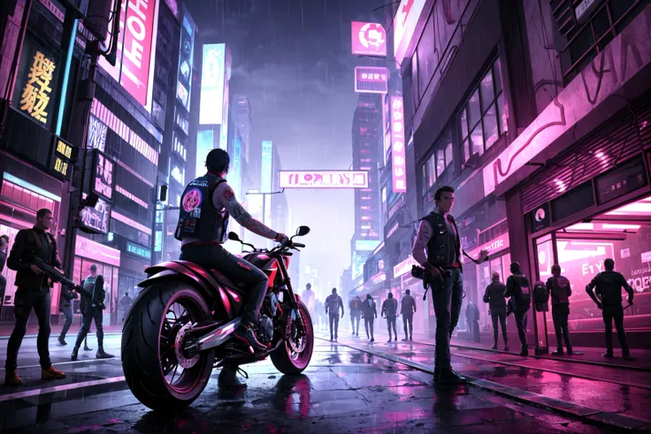 1girl, 1boy, holding, multiple boys, holding weapon, vest, gun, ground vehicle, building, holding gun, scenery, motor vehicle, handgun, science fiction, rain, city, sign, realistic, car, road, assault rifle, motorcycle, street, cyberpunk, neon lights,science fiction, (cyberpunk:1.22),<lora:cyberpunk-v1-nai-8ep-resize:0.75>