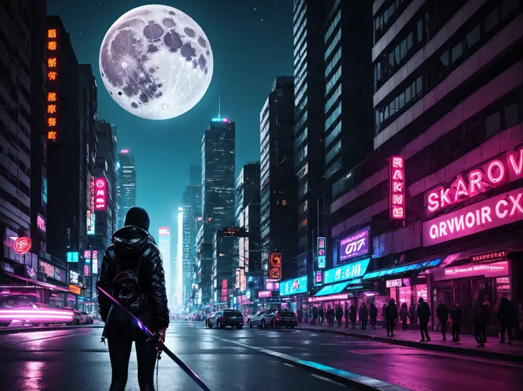 cityscape, sword, moon, night, 1girl, lucy \(cyberpunk\),scenery, city, city lights, holding, black hair, hood, standing, katana, building, jacket, holding weapon, full moon, skyscraper, from behind, sky, outdoors,cyberpunk,neon lights,(cyberpunk:1.2), <lora:cyberpunk-v1.5-nai-9ep-resize:0.8>