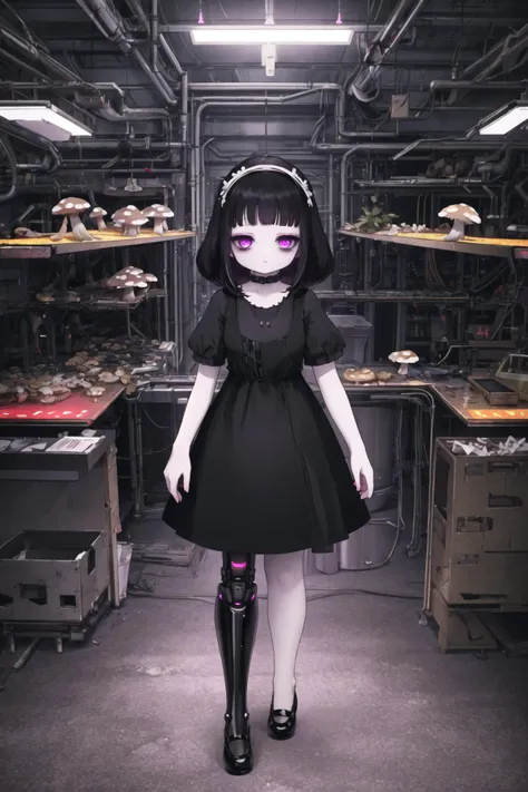 <lora:hardgore2-10:0.6>, <lora:Leirix2-10:0.6>, pale skin, bags under eyes, headdress, (mushroom), black dress, black hair, mary janes, expressionless, purple eyes, short sleeves, 1girl, hardgore alice, <lora:cyberpunk-v1.5-nai-9ep-resize:0.6>, cyberpunk, neon lights, science fiction, mechanical leg