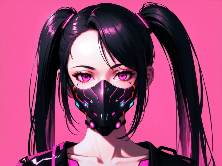 1girl, solo, black hair, twintails, collarbone, looking to the side, mask, glowing, pink background, portrait, science fiction, cyborg, cyberpunk, mechanical parts, (cyberpunk:1.3), eye focus,science fiction,(neon lights),chromatic aberration,(cyberpunk:1.22),<lora:cyberpunk-v1.5-nai-9ep-resize:0.7>