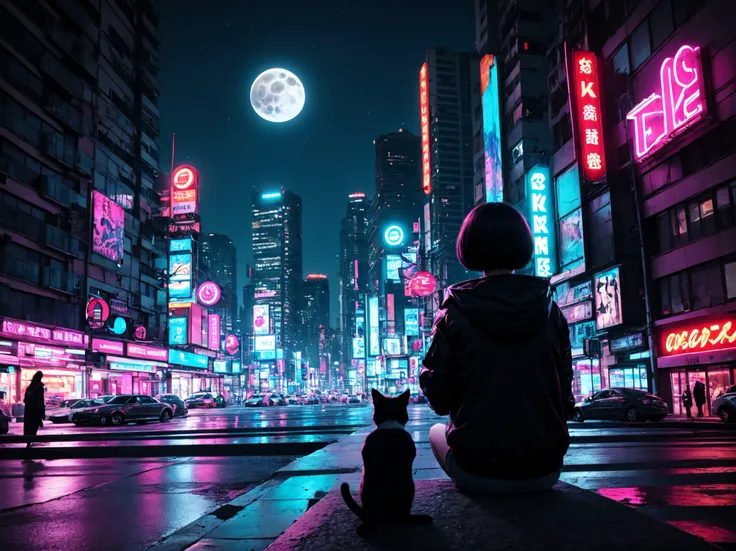 cityscape, sword, moon, night, 1girl, bob cut,sitting,cat,scenery, city, city lights, holding, black hair, hood, standing, katana, building, jacket, holding weapon, full moon, skyscraper, from behind, sky, outdoors,cyberpunk,neon lights,(cyberpunk:1.2), <lora:cyberpunk-v1.5-nai-9ep-resize:0.8>