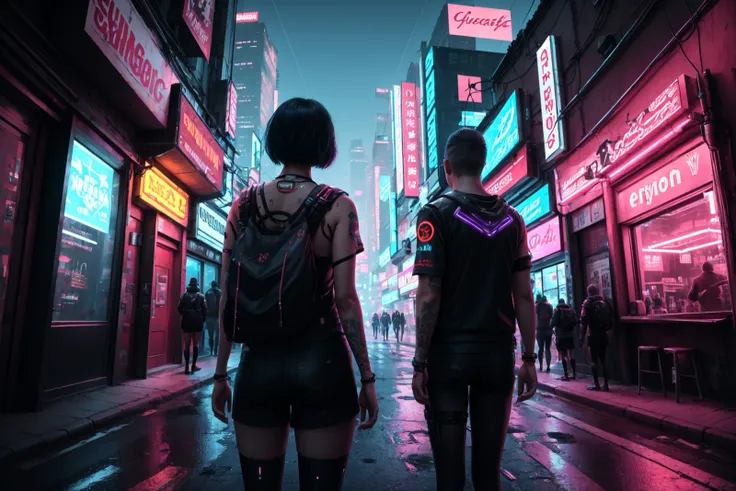 1girl, short hair, black hair, thighhighs, 1boy, standing, indoors, from behind, dutch angle, window, night, building, scenery, reflection, science fiction, city, cityscape, neon trim, city lights, cyberpunk,cinematic lighting,epic,science fiction, (cyberpunk:1.22),<lora:cyberpunk-v1-nai-8ep-resize:0.75>