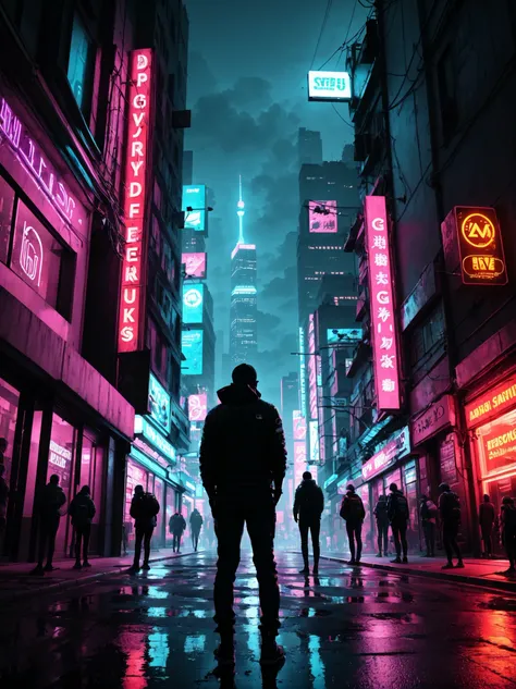 holding, standing, outdoors, from behind, night, umbrella, building, scenery, reflection, science fiction, city, silhouette, cityscape, motorcycle, city lights, cyberpunk, neon lights, cyberpunk, neon lights, (cyberpunk:1.22),<lora:cyberpunk-v1-nai-8ep-resize:0.75>